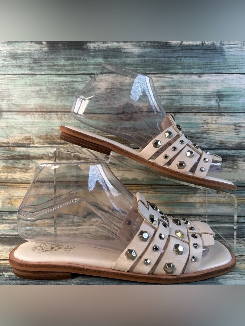 Vince Camuto Neverna Womens Slide Sandal Size 7M Beige Leather Studded Slip On